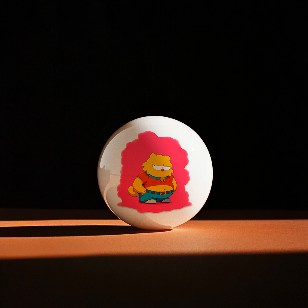 Hands holding a red orb with intricate, patterned artwork depicting a figure with sunglasses.