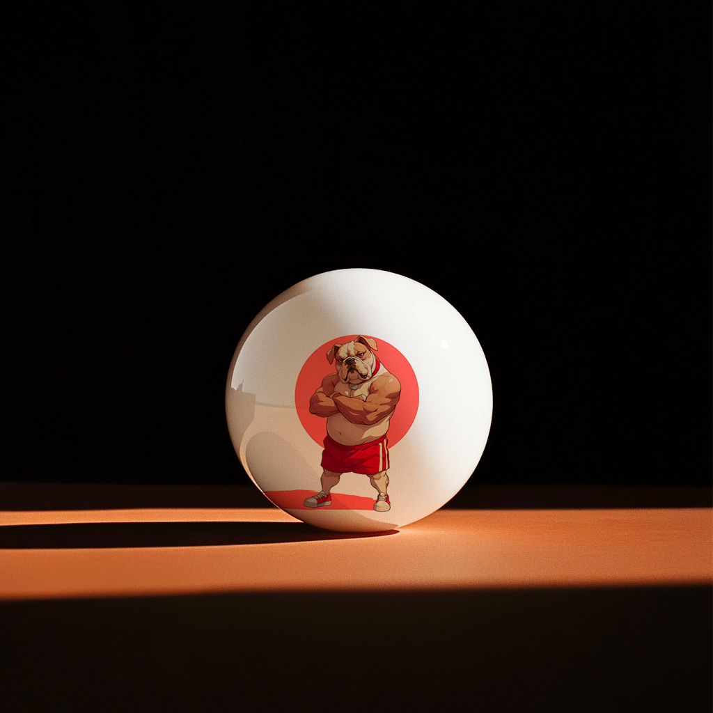 Hands holding a red orb with intricate, patterned artwork depicting a figure with sunglasses.