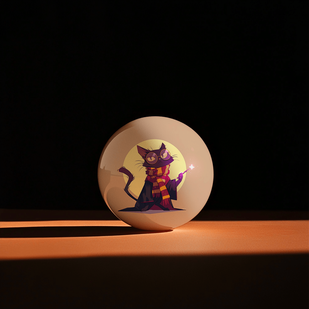 Hands holding a red orb with intricate, patterned artwork depicting a figure with sunglasses.