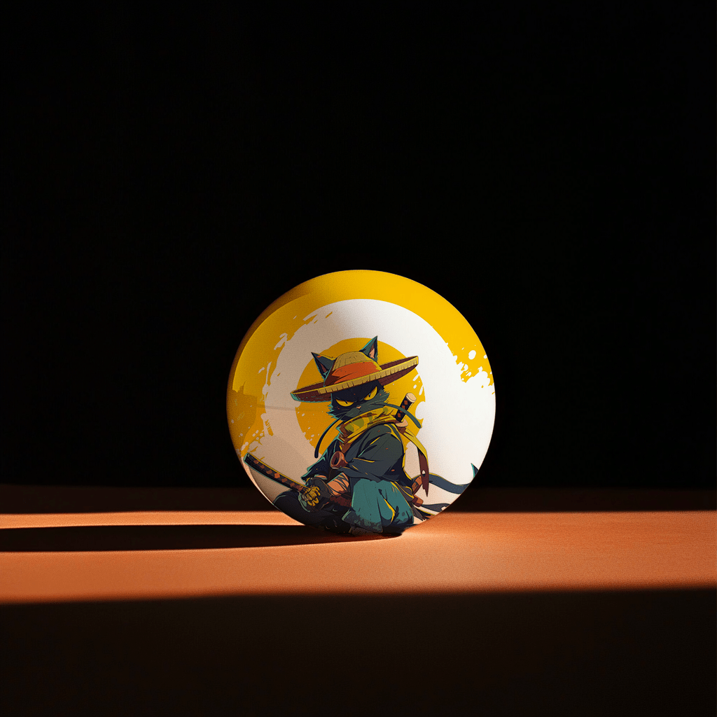 Hands holding a red orb with intricate, patterned artwork depicting a figure with sunglasses.