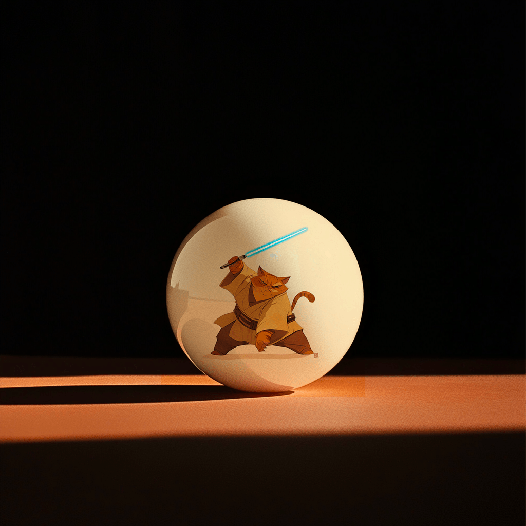 Hands holding a red orb with intricate, patterned artwork depicting a figure with sunglasses.