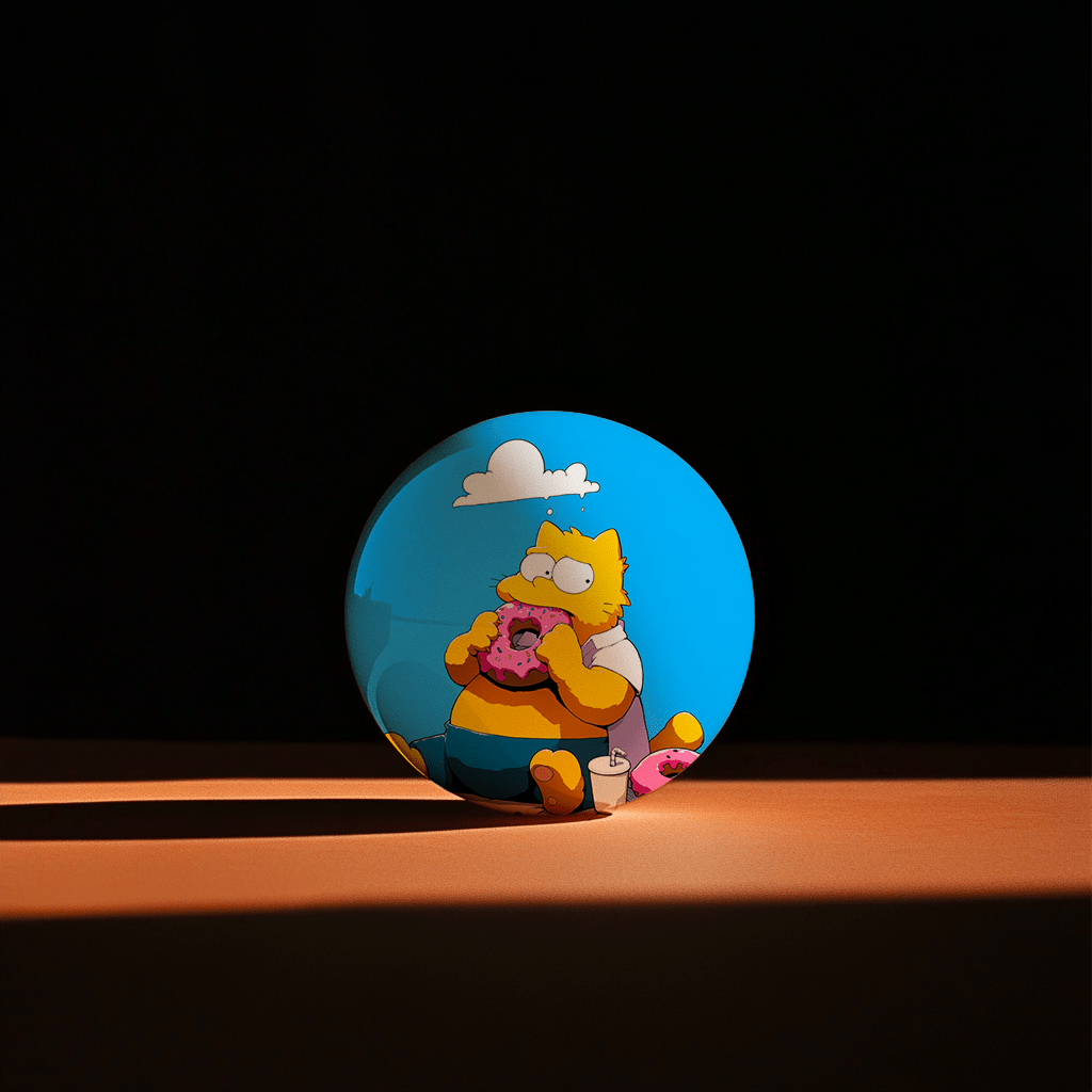 Hands holding a red orb with intricate, patterned artwork depicting a figure with sunglasses.