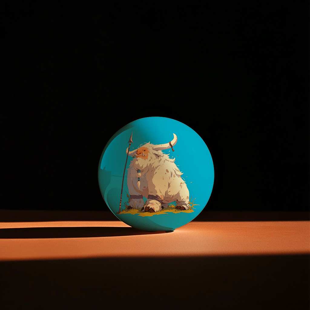 Hands holding a red orb with intricate, patterned artwork depicting a figure with sunglasses.