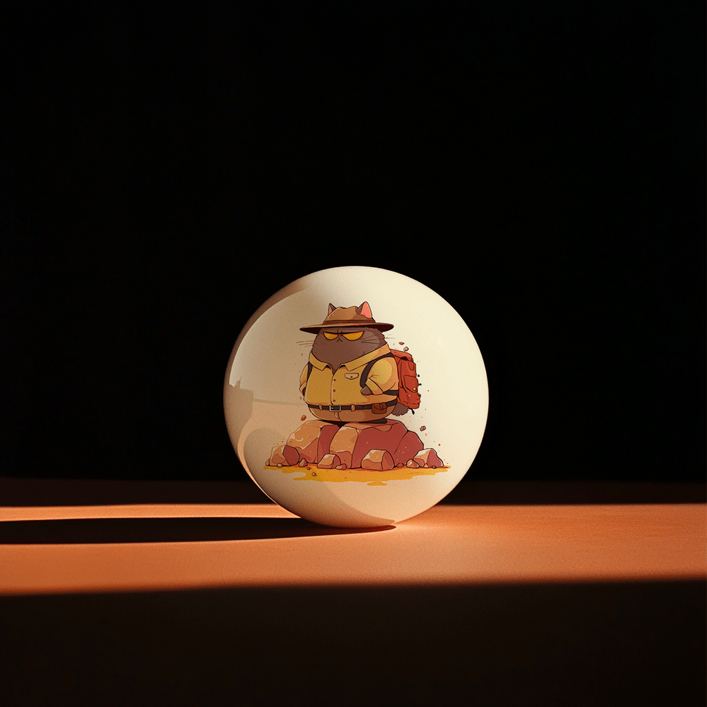 Hands holding a red orb with intricate, patterned artwork depicting a figure with sunglasses.