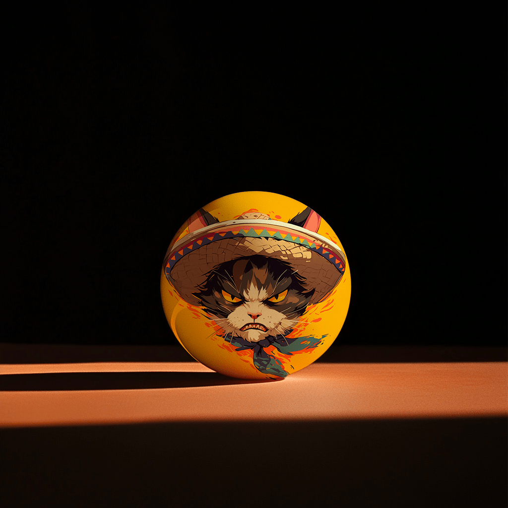 Hands holding a red orb with intricate, patterned artwork depicting a figure with sunglasses.