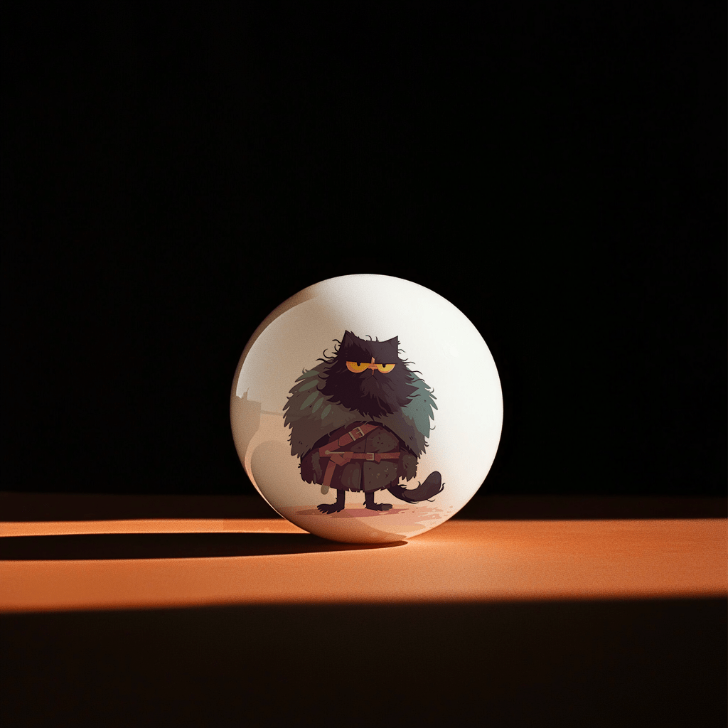 Hands holding a red orb with intricate, patterned artwork depicting a figure with sunglasses.