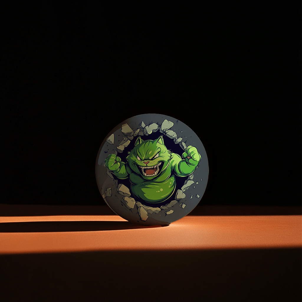 Hands holding a red orb with intricate, patterned artwork depicting a figure with sunglasses.