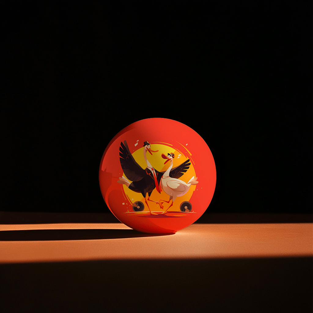 Hands holding a red orb with intricate, patterned artwork depicting a figure with sunglasses.