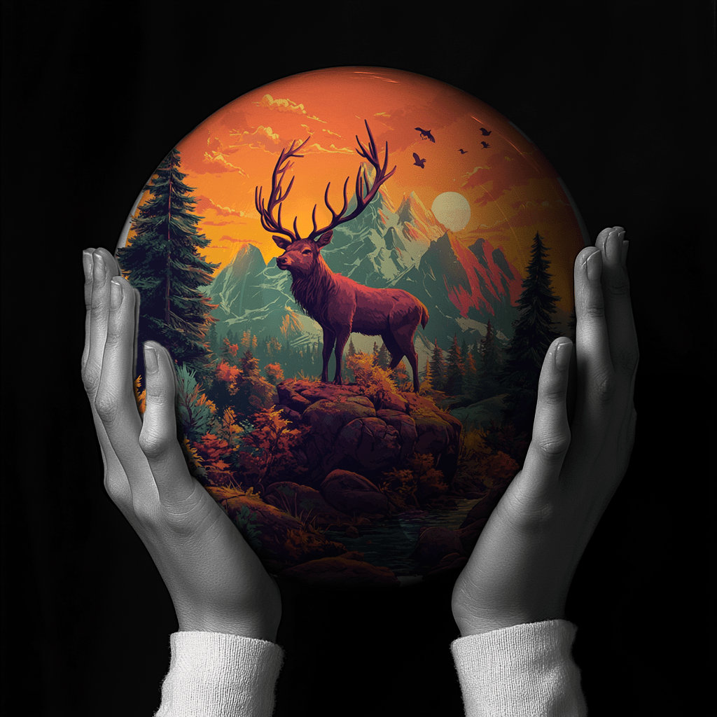 Hands holding a red sphere featuring a floral-patterned figure.