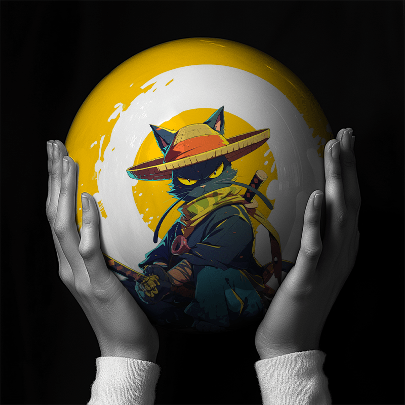 Hands holding a red sphere featuring a floral-patterned figure.