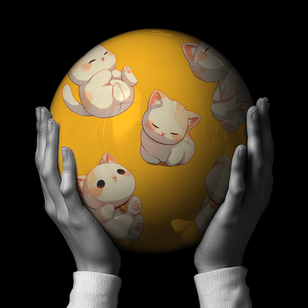 Hands holding a red sphere featuring a floral-patterned figure.