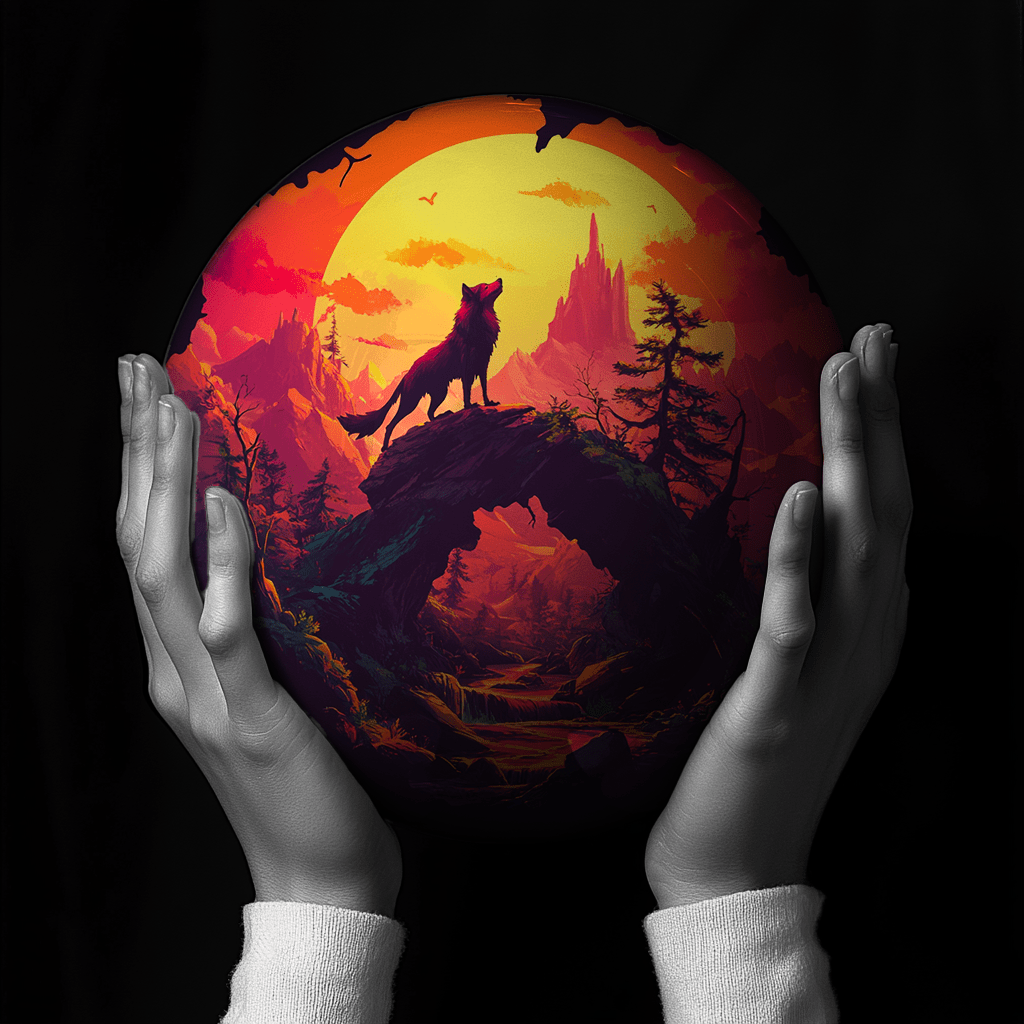 Hands holding a red sphere featuring a floral-patterned figure.