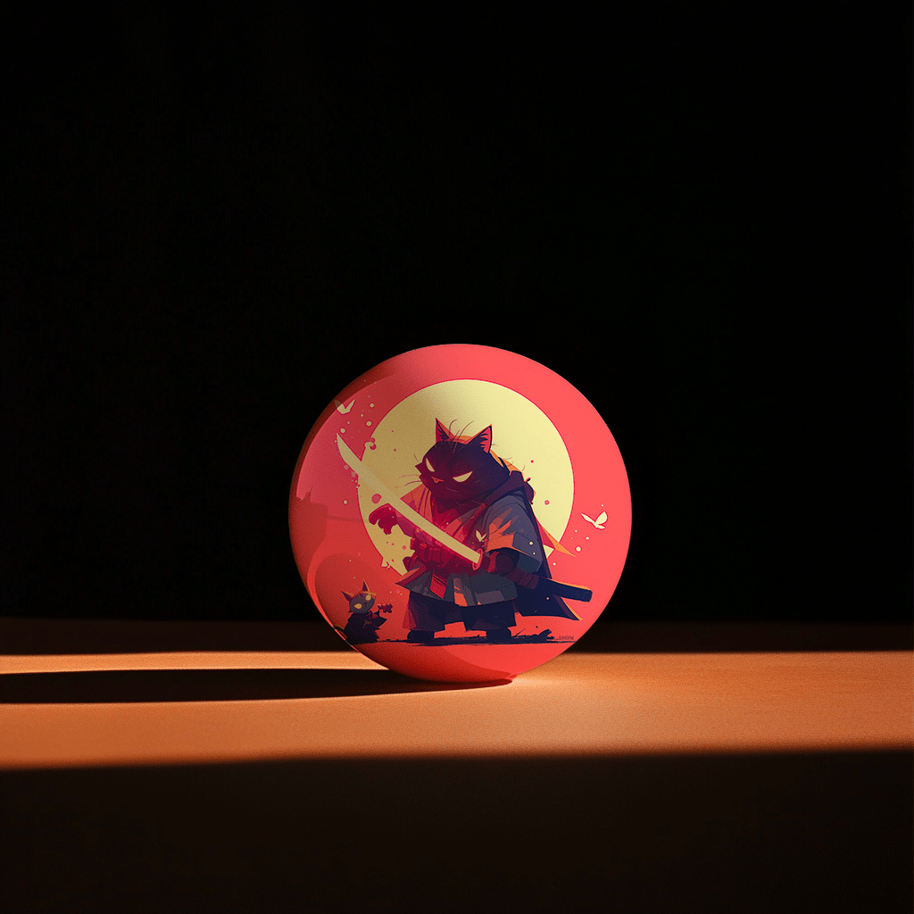 Hands holding a red orb with intricate, patterned artwork depicting a figure with sunglasses.