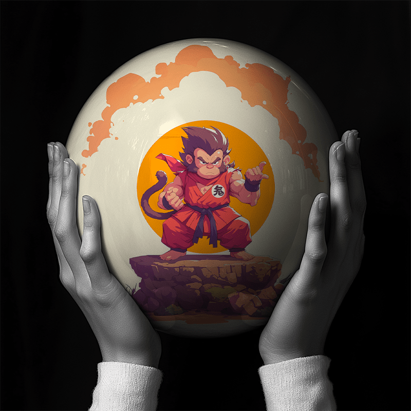 Hands holding a red sphere featuring a floral-patterned figure.