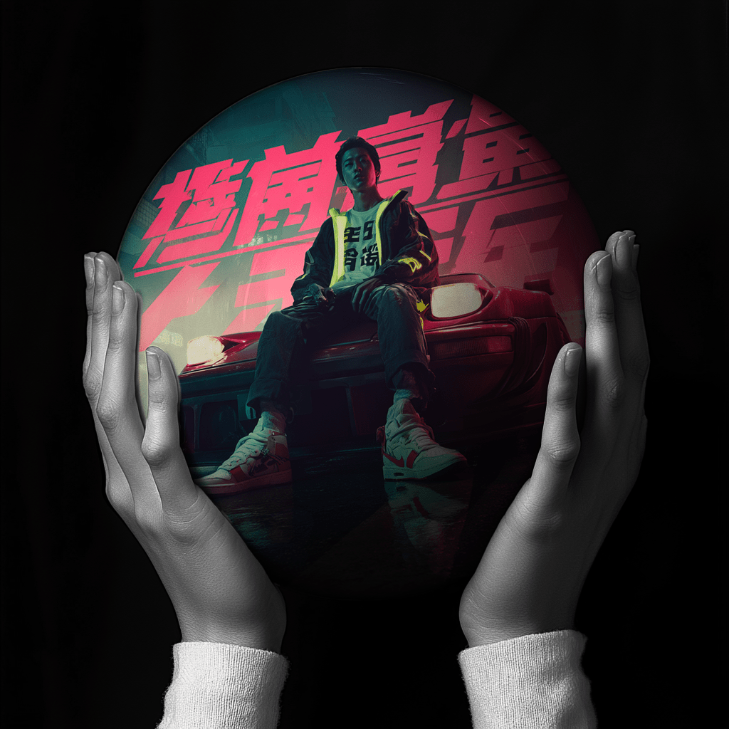 Hands holding a red sphere featuring a floral-patterned figure.