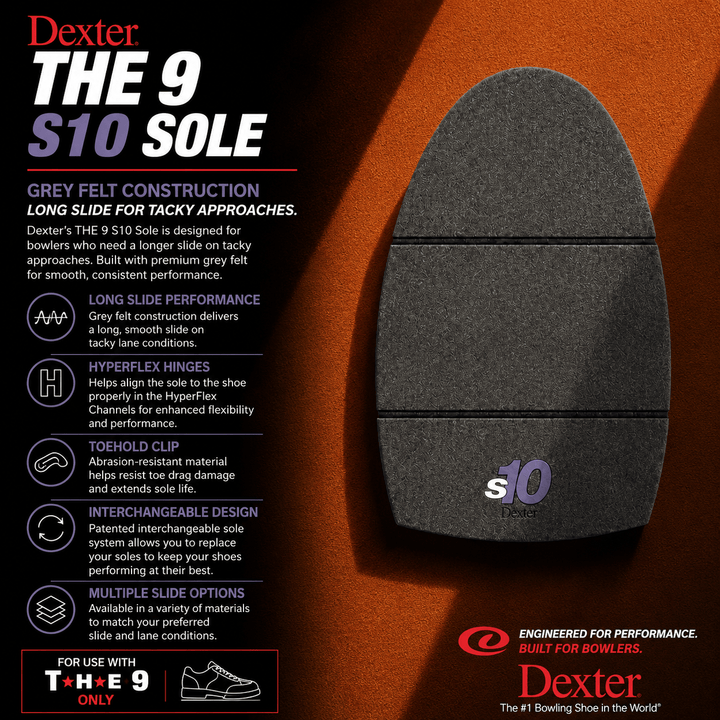 Semelle Dexter The 9 S10 en Feutre Gris - Glisse Longue pour Approches Collantes - Bowling Stars