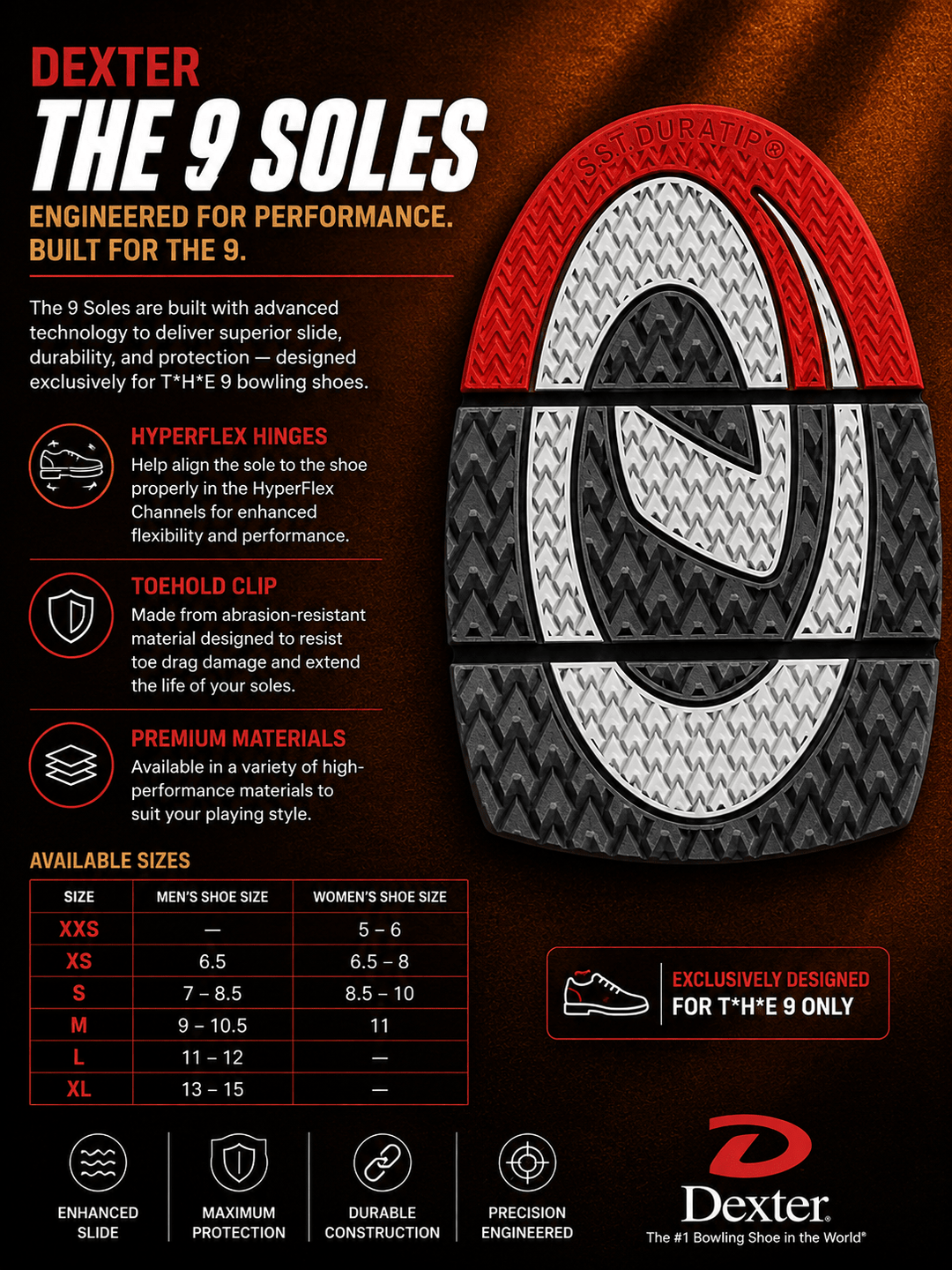 Semelle Dexter The 9 - Traction Maximale, AeroGrips Gris/Rouge - Bowling Stars