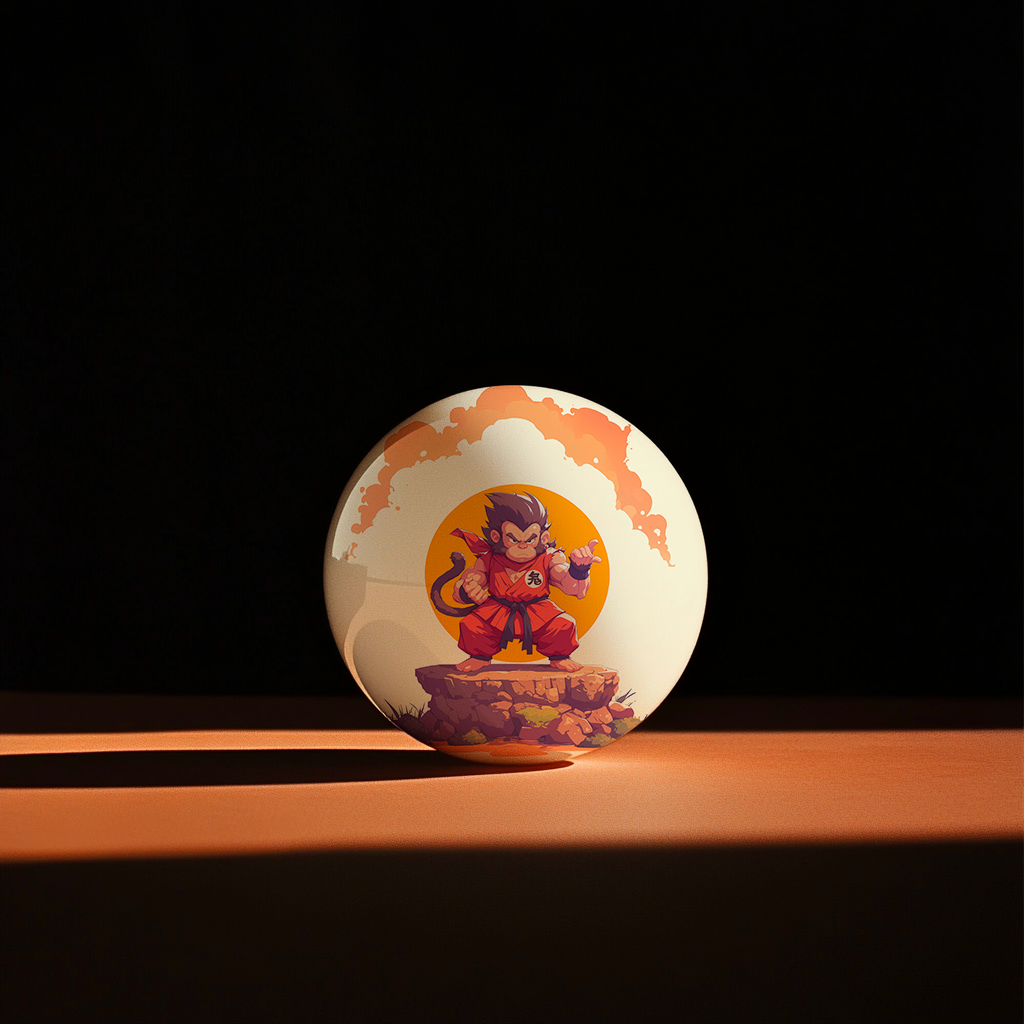 Hands holding a red orb with intricate, patterned artwork depicting a figure with sunglasses.